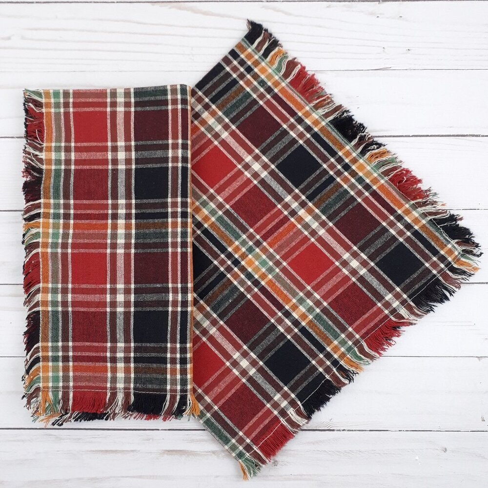 Fabric Dinner Napkins High Country Plaid Set of 4 Black Orange 20x20 Cotton